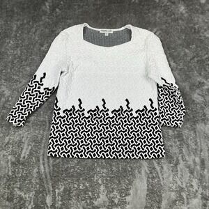 Andria Lieu Womens White/Black Textured Floral Matelasse 3/4 Sleeve Top L USA
